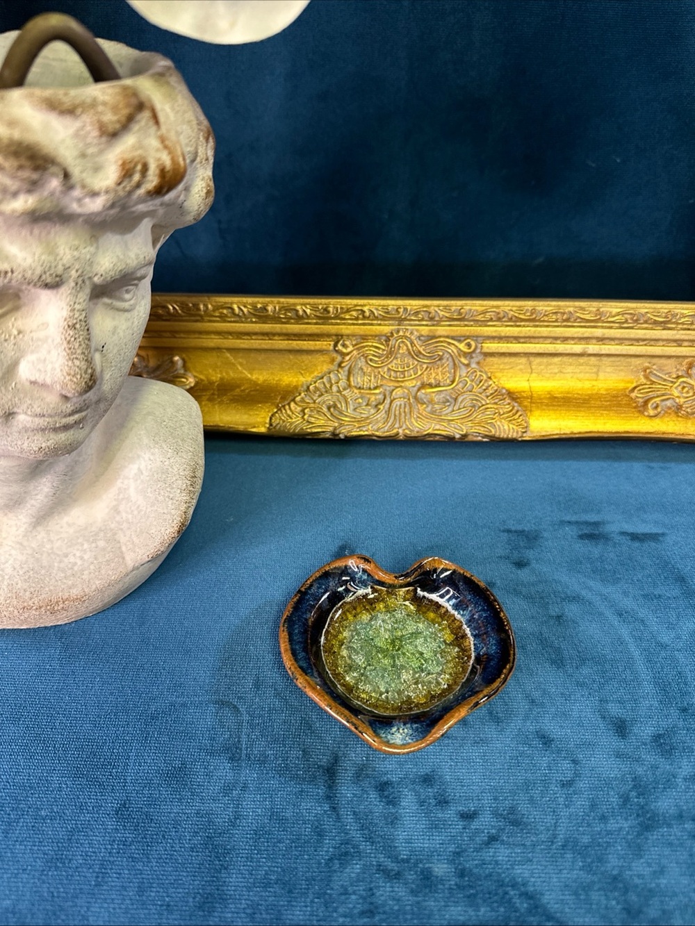 Studio Pottery Crystalline Heart Shaped Glazed Trinket Dish Blu/Green Geode 3.5”